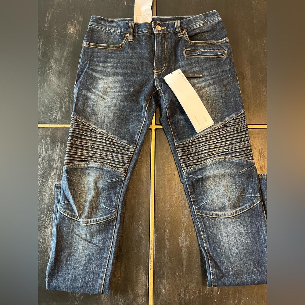 Armani Exchange Dark Blue Ribbed Knee Moto Jeans - Slim